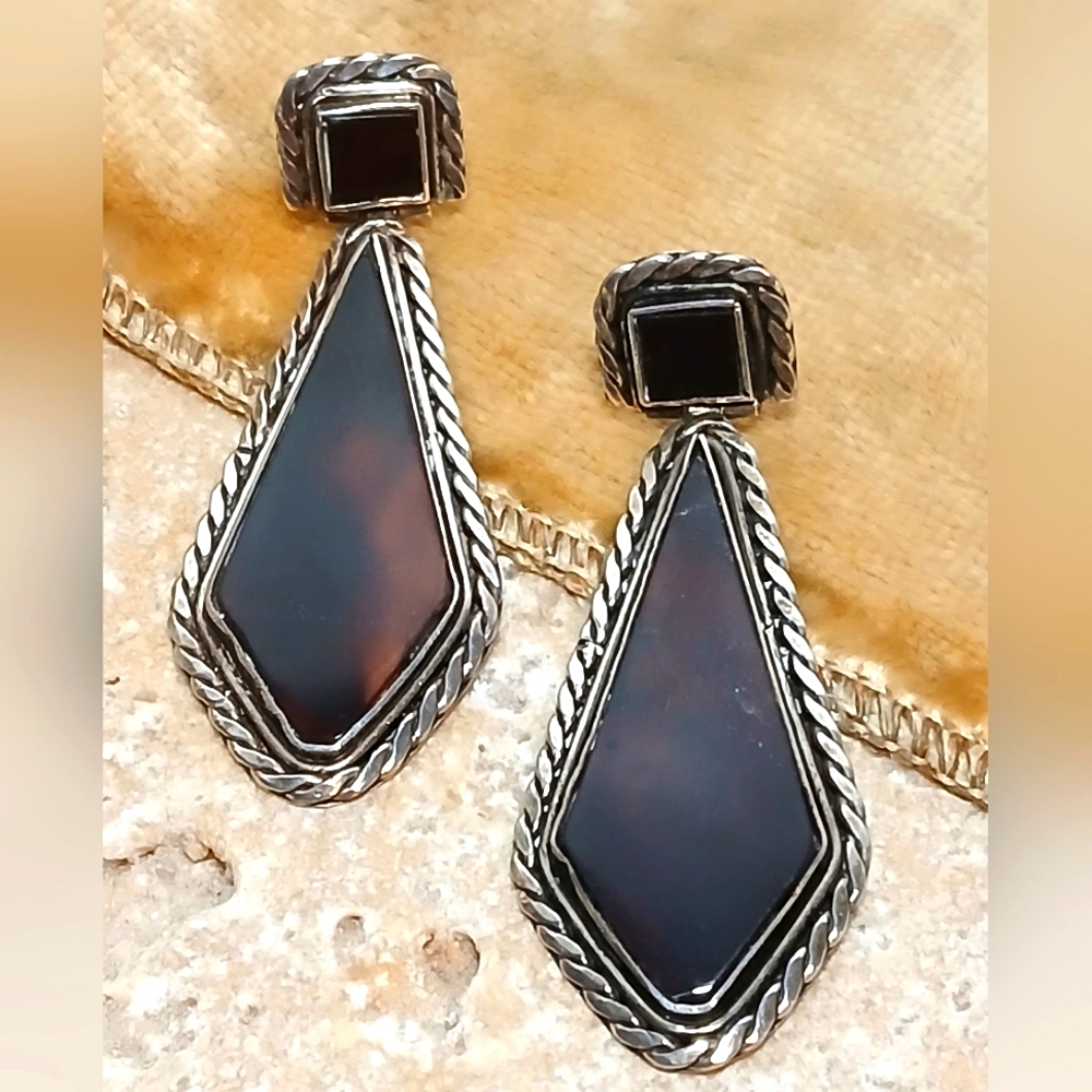 Elongated Sterling  and Black Agate Post Earrings